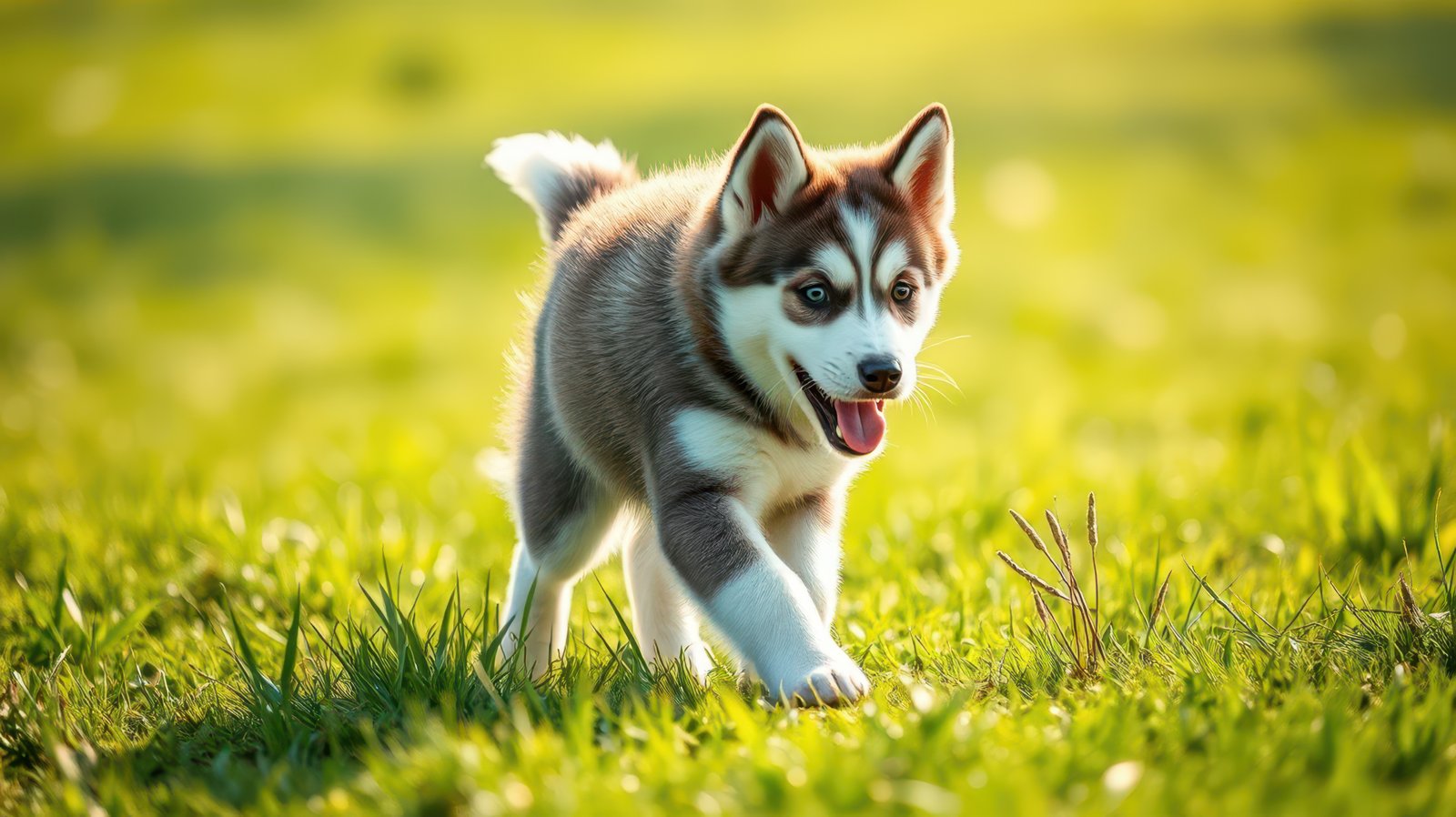 Playful husky puppy exploring a sunny green field during early morning hours